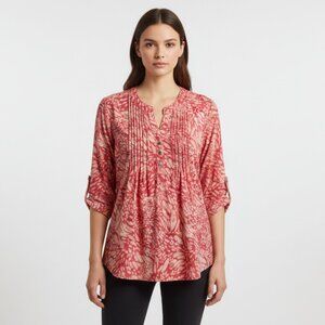 Notations XL Coral Pink Printed Henley Blouse Pleated V-Neck Roll Tab Sleeves